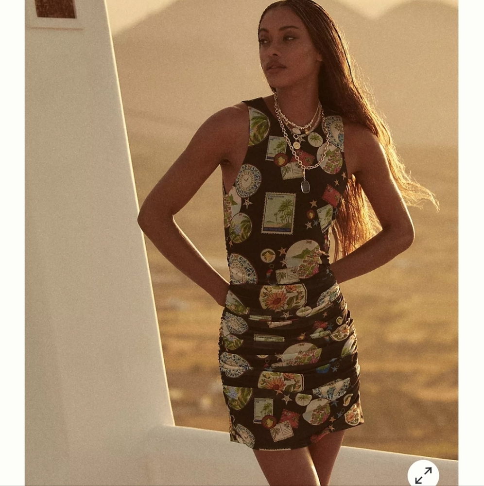 NWT. Farm Rio Trip Souvenir Sleeveless Ruched Tulle Mini Dress